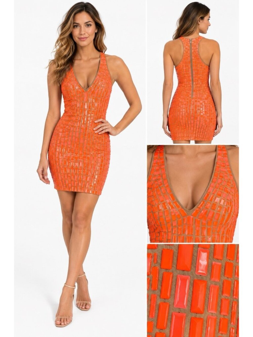 BCBGMAXAZRIA neon orange bodycon dress XS bandage geometric applique